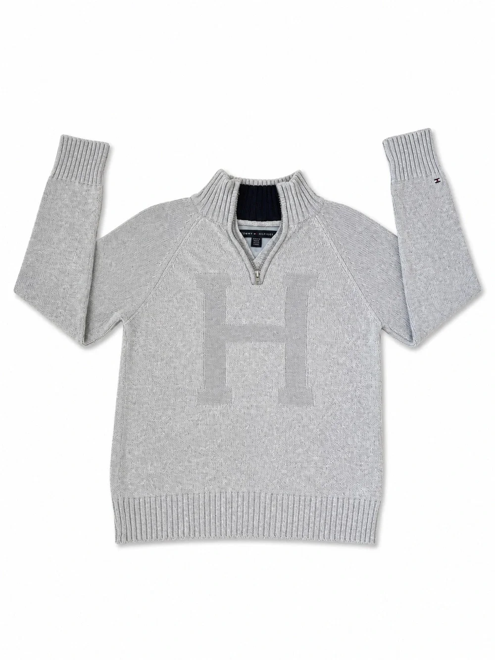 Tommy Hilfiger Boys Gray 1/4 Zip Knit Jumper Sweater M 12/14 H Logo Cotton